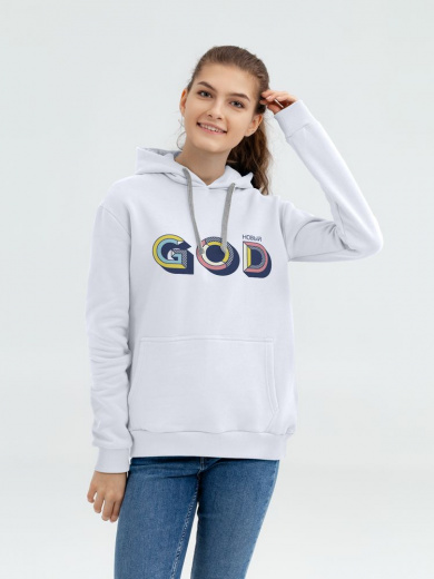 Толстовка с капюшоном «Новый GOD», белая в Смоленске